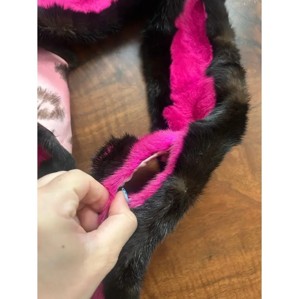 Vintage Y2K Real Mink Fur Scarf Colorblock Hot Pink Brown Rosette Pull Through